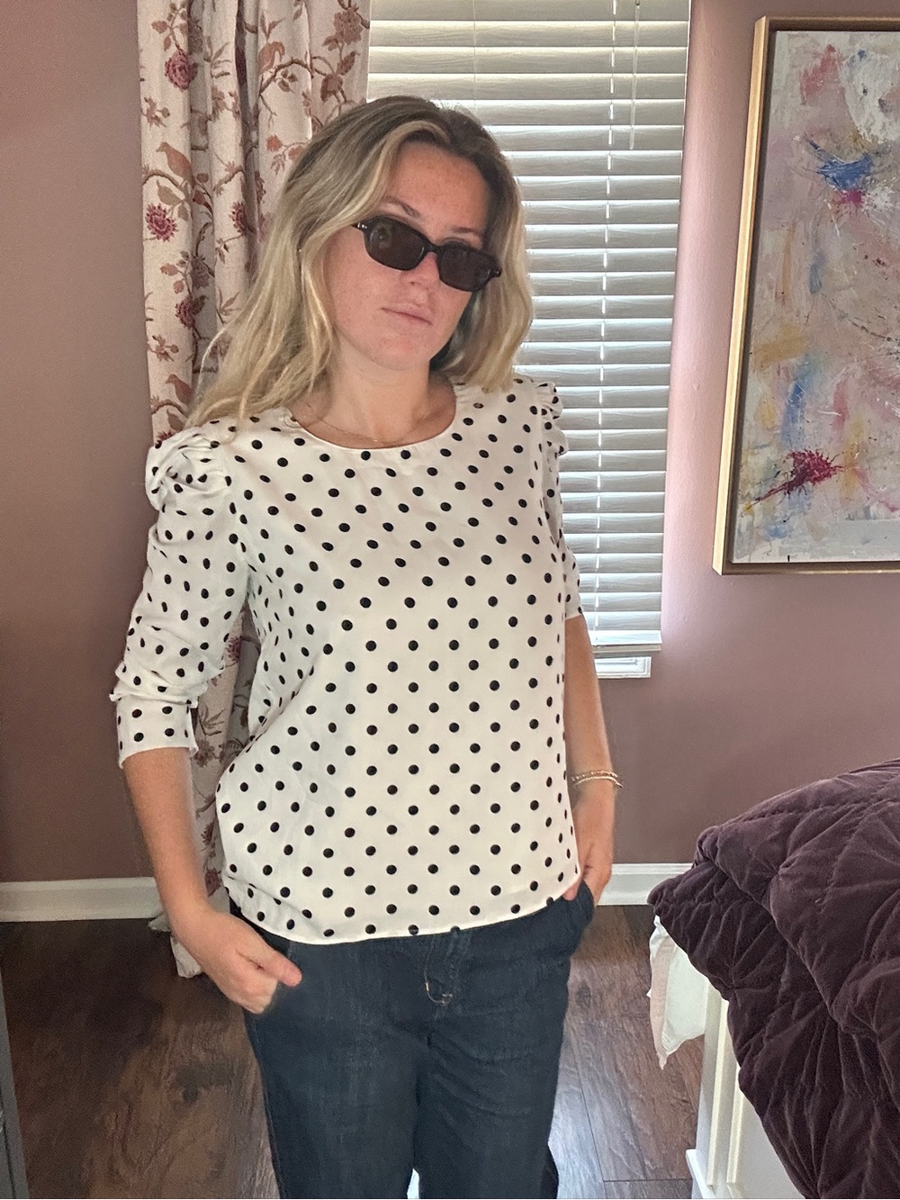 Polka Dot Long-Sleeve Blouse - White/Black